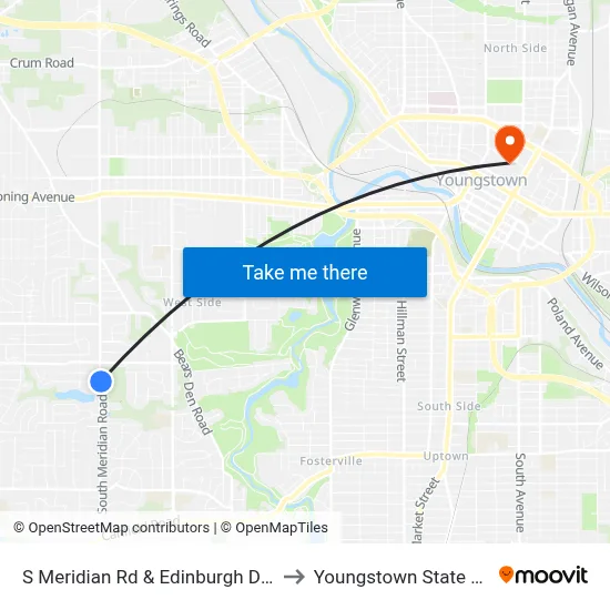 S Meridian Rd & Edinburgh Dr (Flag Stop) to Youngstown State University map