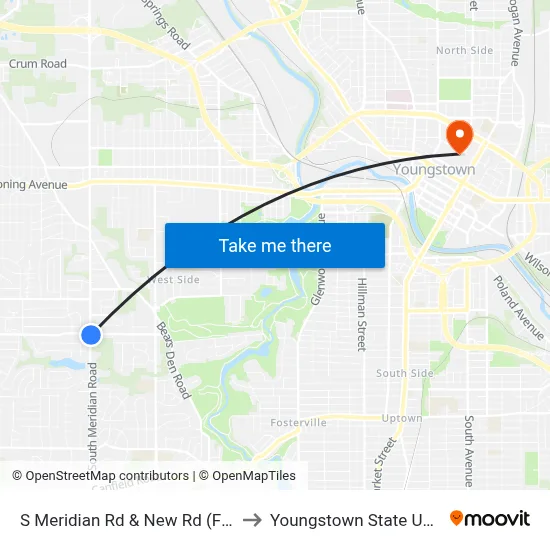 S Meridian Rd & New Rd (Flag Stop) to Youngstown State University map