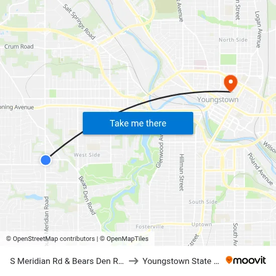 S Meridian Rd & Bears Den Rd (Flag Stop) to Youngstown State University map