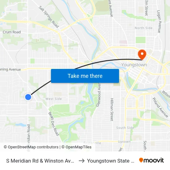 S Meridian Rd & Winston Ave (Flag Stop) to Youngstown State University map