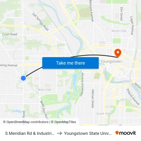 S Meridian Rd & Industrial Rd to Youngstown State University map