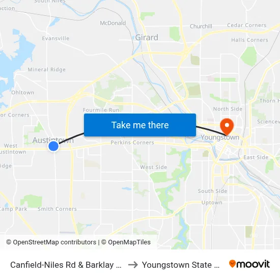 Canfield-Niles Rd & Barklay St (Flag Sto to Youngstown State University map