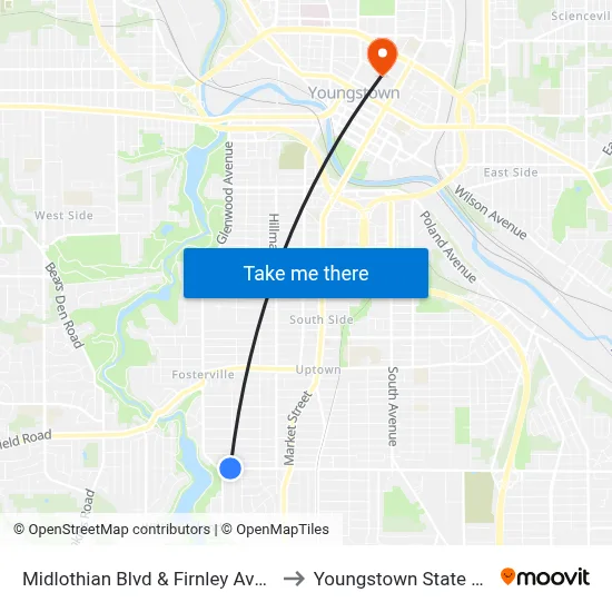 Midlothian Blvd & Firnley Ave (Flag Stop) to Youngstown State University map