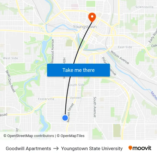 Goodwill Apartments to Youngstown State University map