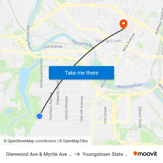 Glenwood Ave & Myrtle Ave (Flag Stop) to Youngstown State University map