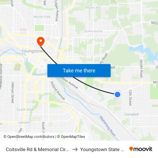 Coitsville Rd & Memorial Cir (Flag Stop) to Youngstown State University map