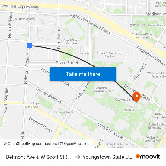 Belmont Ave & W Scott St (Flag Stop) to Youngstown State University map