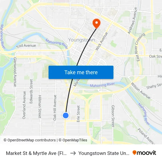 Market St & Myrtle Ave (Flag Stop) to Youngstown State University map