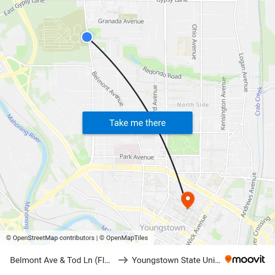 Belmont Ave & Tod Ln (Flag Stop) to Youngstown State University map