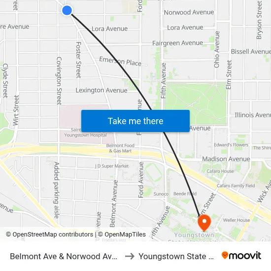 Belmont Ave & Norwood Ave (Flag Stop) to Youngstown State University map