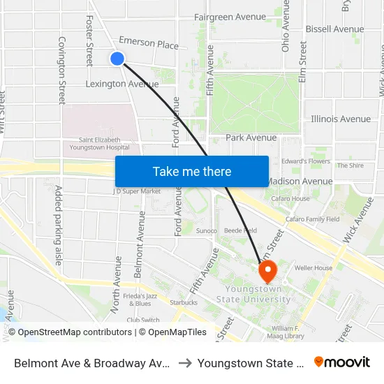 Belmont Ave & Broadway Ave (Flag Stop) to Youngstown State University map