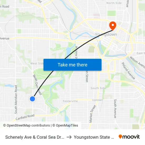 Schenely Ave & Coral Sea Dr (Flag Stop) to Youngstown State University map