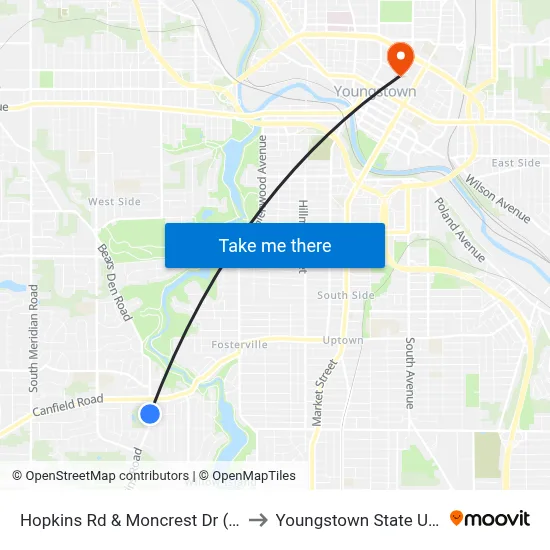 Hopkins Rd & Moncrest Dr (Flag Stop) to Youngstown State University map