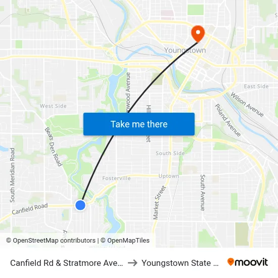 Canfield Rd & Stratmore Ave (Flag Stop) to Youngstown State University map