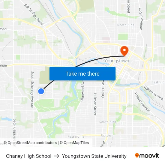 Chaney High School to Youngstown State University map