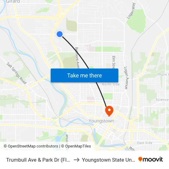 Trumbull Ave & Park Dr (Flag Stop) to Youngstown State University map