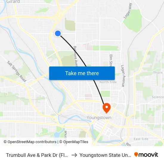 Trumbull Ave & Park Dr (Flag Stop) to Youngstown State University map