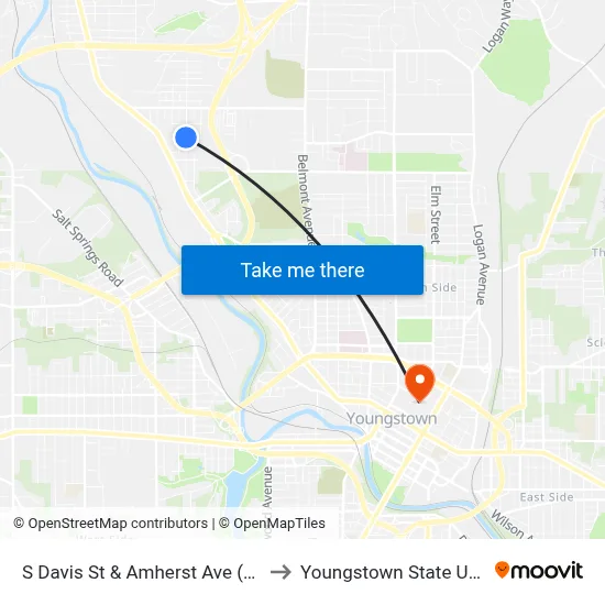S Davis St & Amherst Ave (Flag Stop) to Youngstown State University map