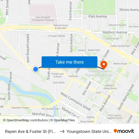Rayen Ave & Foster St (Flag Stop) to Youngstown State University map