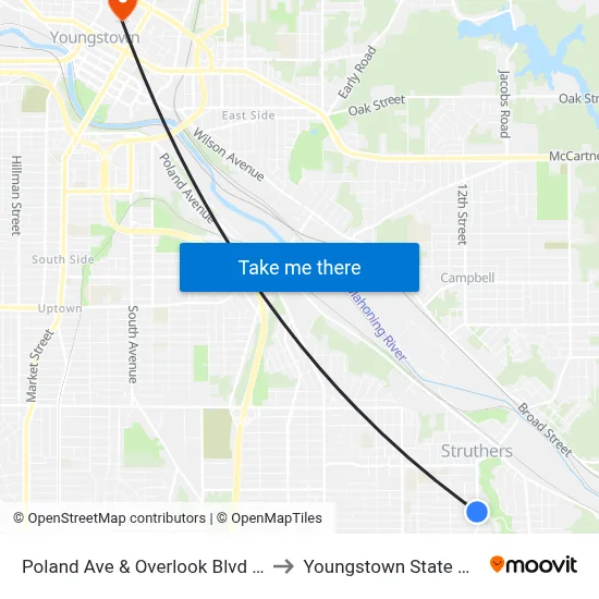 Poland Ave & Overlook Blvd (Flag Stop) to Youngstown State University map