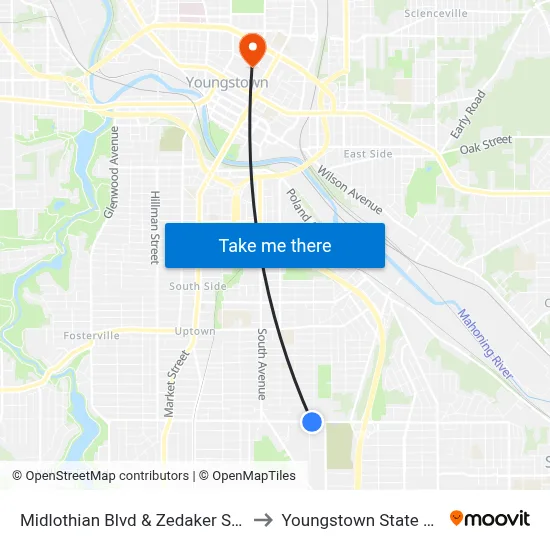 Midlothian Blvd & Zedaker St (Flag Stop) to Youngstown State University map