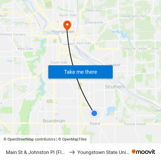 Main St & Johnston Pl (Flag Stop) to Youngstown State University map