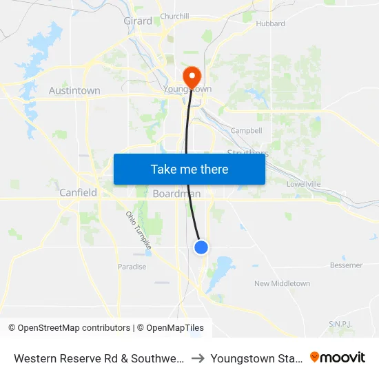 Western Reserve Rd & Southwestern Run (Flag Stop) to Youngstown State University map