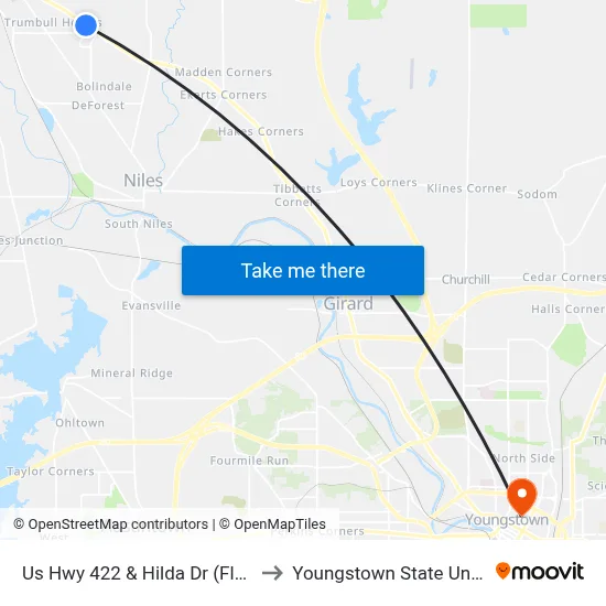 Us Hwy 422 & Hilda Dr (Flag Stop) to Youngstown State University map
