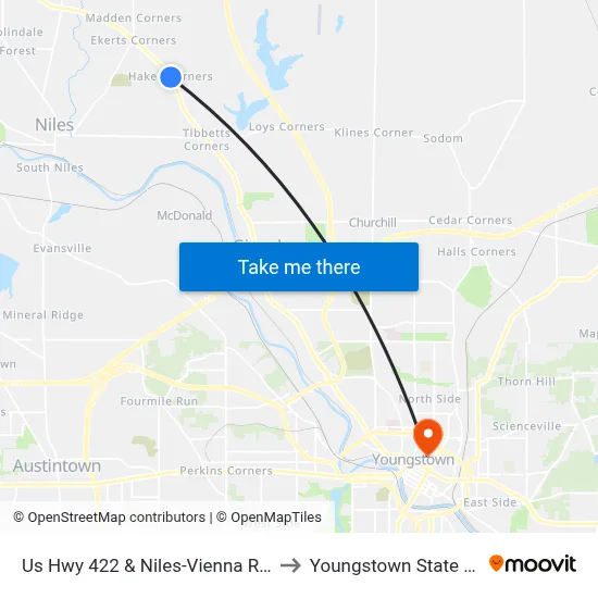 Us Hwy 422 & Niles-Vienna Rd (Flag Stop) to Youngstown State University map