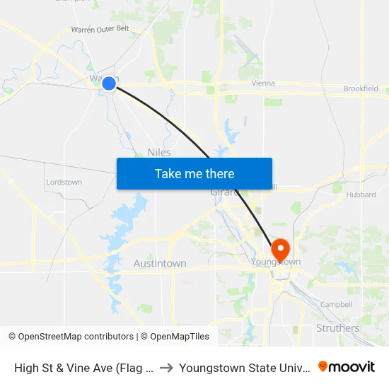 High St & Vine Ave (Flag Stop) to Youngstown State University map