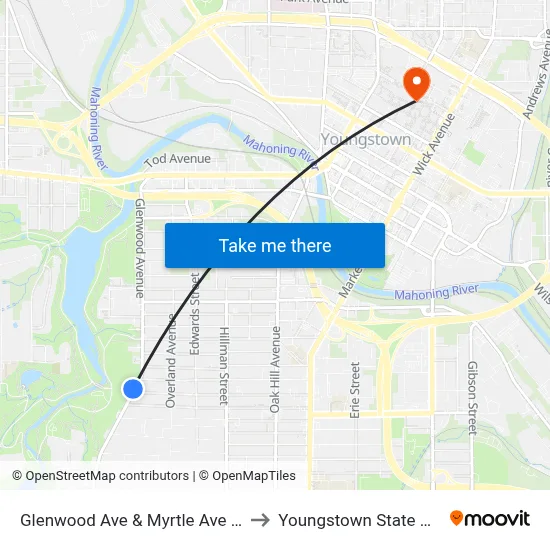 Glenwood Ave & Myrtle Ave (Flag Stop) to Youngstown State University map