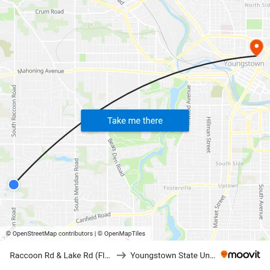 Raccoon Rd & Lake Rd (Flag Stop) to Youngstown State University map