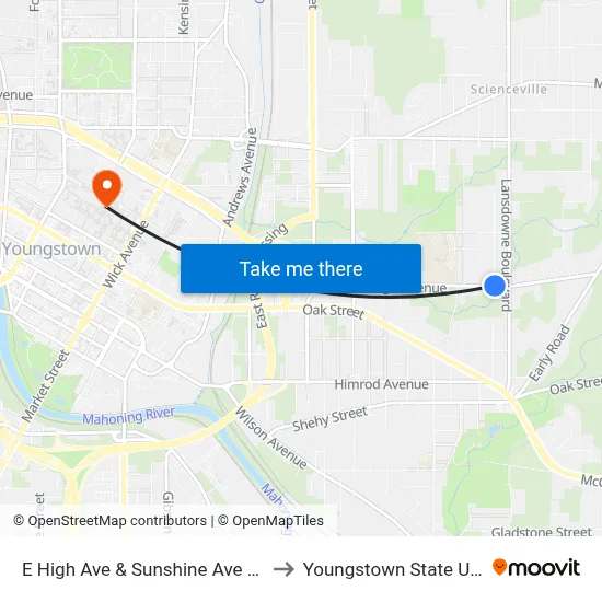 E High Ave & Sunshine Ave (Flag Stop) to Youngstown State University map