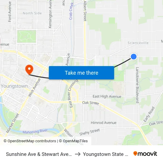 Sunshine Ave & Stewart Ave (Flag Stop) to Youngstown State University map