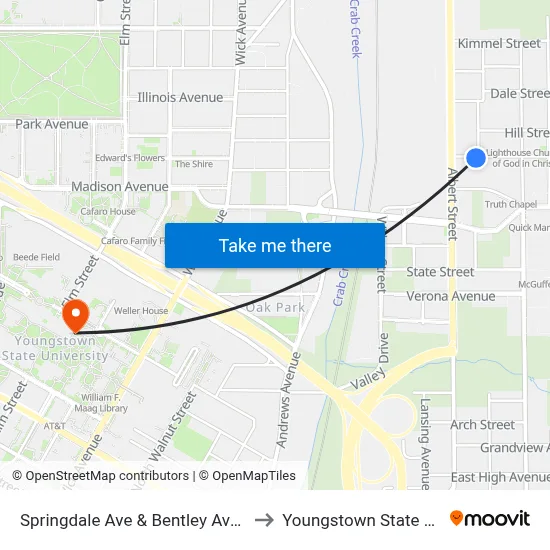 Springdale Ave & Bentley Ave (Flag Stop) to Youngstown State University map