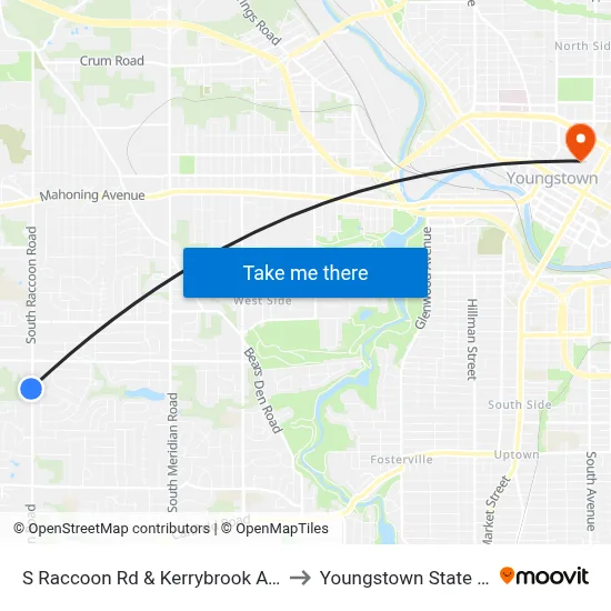 S Raccoon Rd & Kerrybrook Ave (Flag Stop) to Youngstown State University map