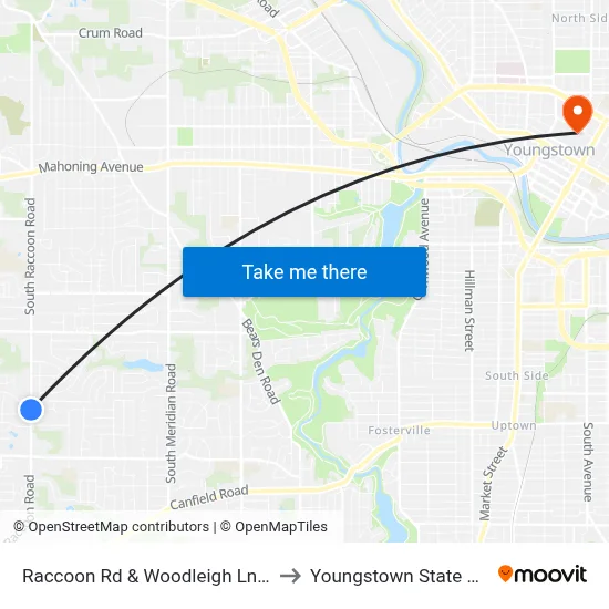 Raccoon Rd & Woodleigh Ln (Flag Stop) to Youngstown State University map