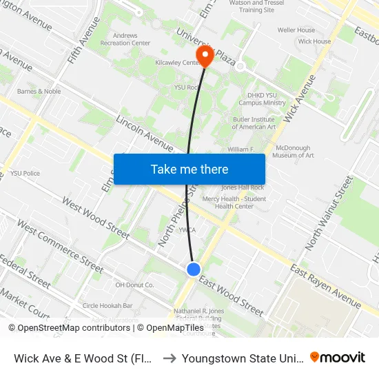 Wick Ave & E Wood St (Flag Stop) to Youngstown State University map
