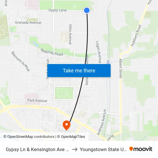 Gypsy Ln & Kensington Ave (Flag Stop) to Youngstown State University map