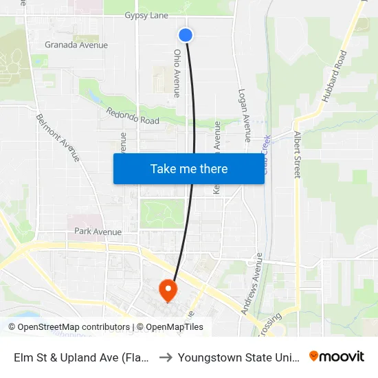Elm St & Upland Ave (Flag Stop) to Youngstown State University map