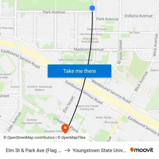 Elm St & Park Ave (Flag Stop) to Youngstown State University map