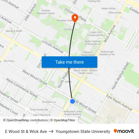E Wood St & Wick Ave to Youngstown State University map
