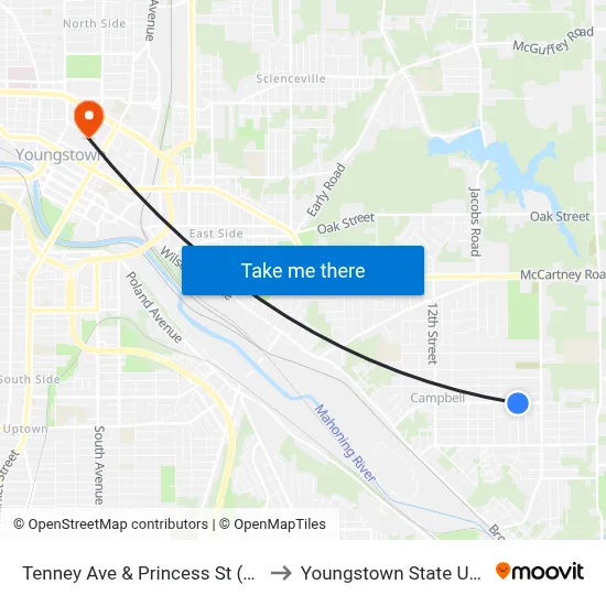 Tenney Ave & Princess St (Flag Stop) to Youngstown State University map
