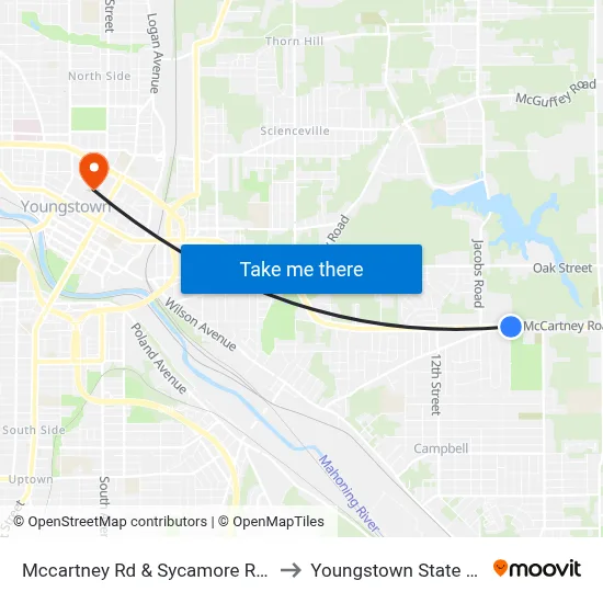 Mccartney Rd & Sycamore Rd (Flag Stop) to Youngstown State University map