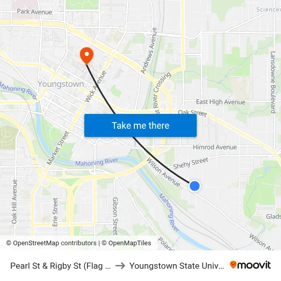 Pearl St & Rigby St (Flag Stop) to Youngstown State University map