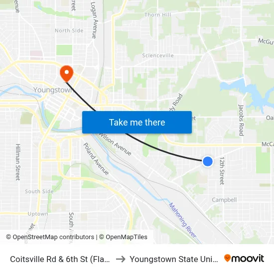 Coitsville Rd & 6th St (Flag Stop) to Youngstown State University map