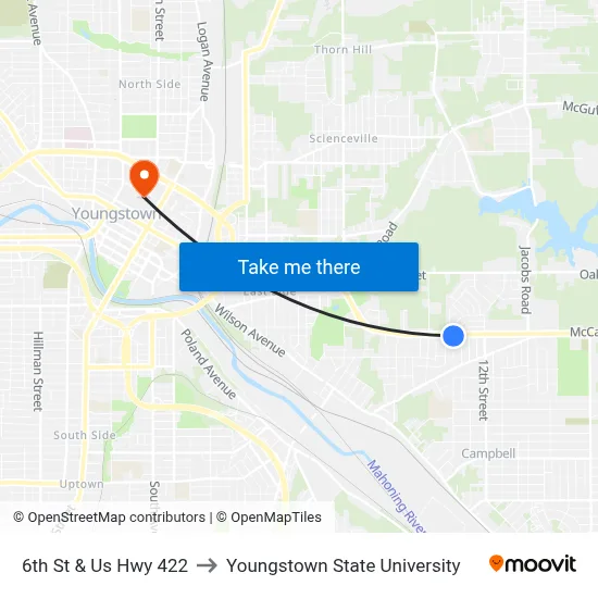 6th St & Us Hwy 422 to Youngstown State University map