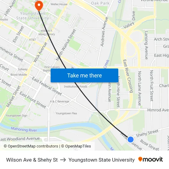 Wilson Ave & Shehy St to Youngstown State University map