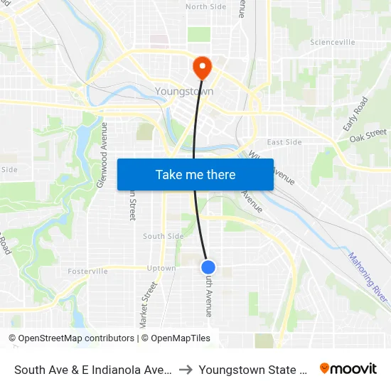 South Ave & E Indianola Ave (Flag Stop) to Youngstown State University map