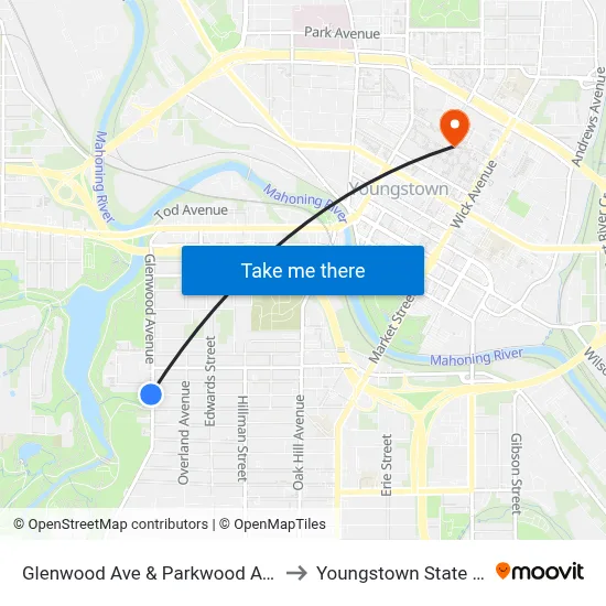 Glenwood Ave & Parkwood Ave (Flag Stop) to Youngstown State University map